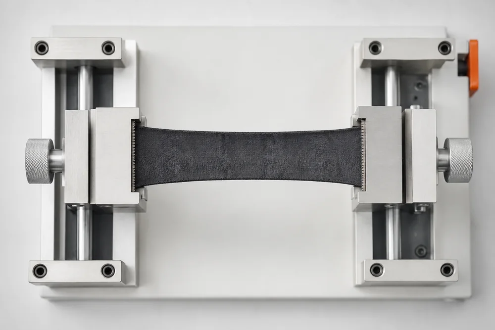 A strip of stretch fabric held taut between two metal clamps on a test bench.