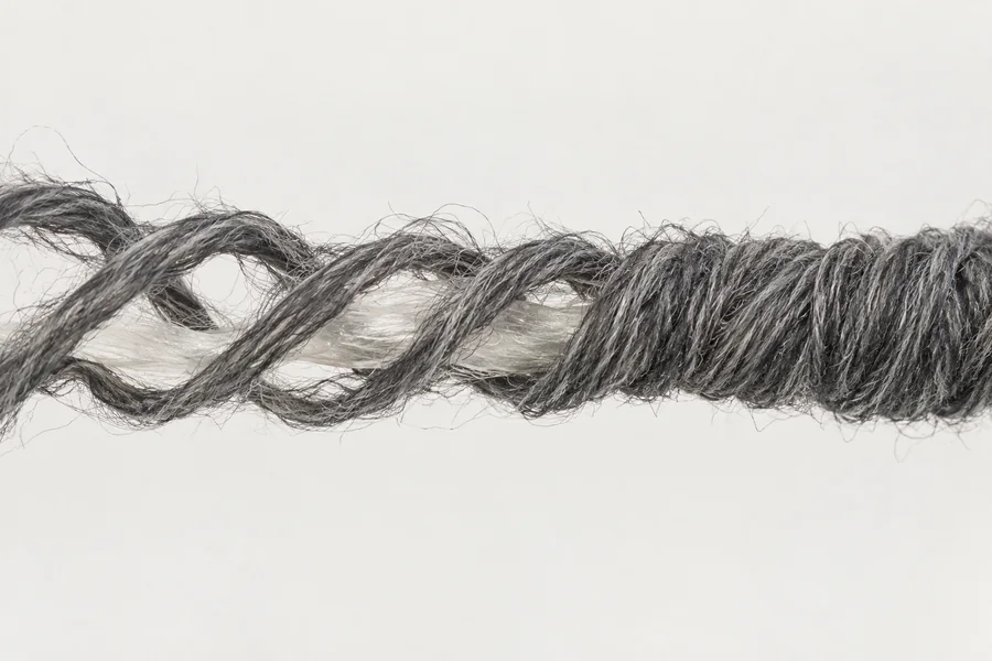 A single core-spun yarn magnified, a pale elastic core wrapped in a helix of darker fibres, open at one end and coiled at the other.